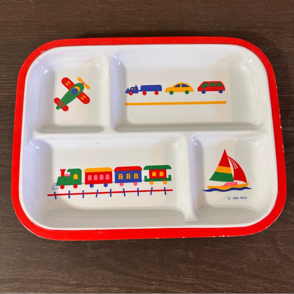 Vintage Peco Divided Child Plate 1984 Melamine Taiwan Transportation Train Plane